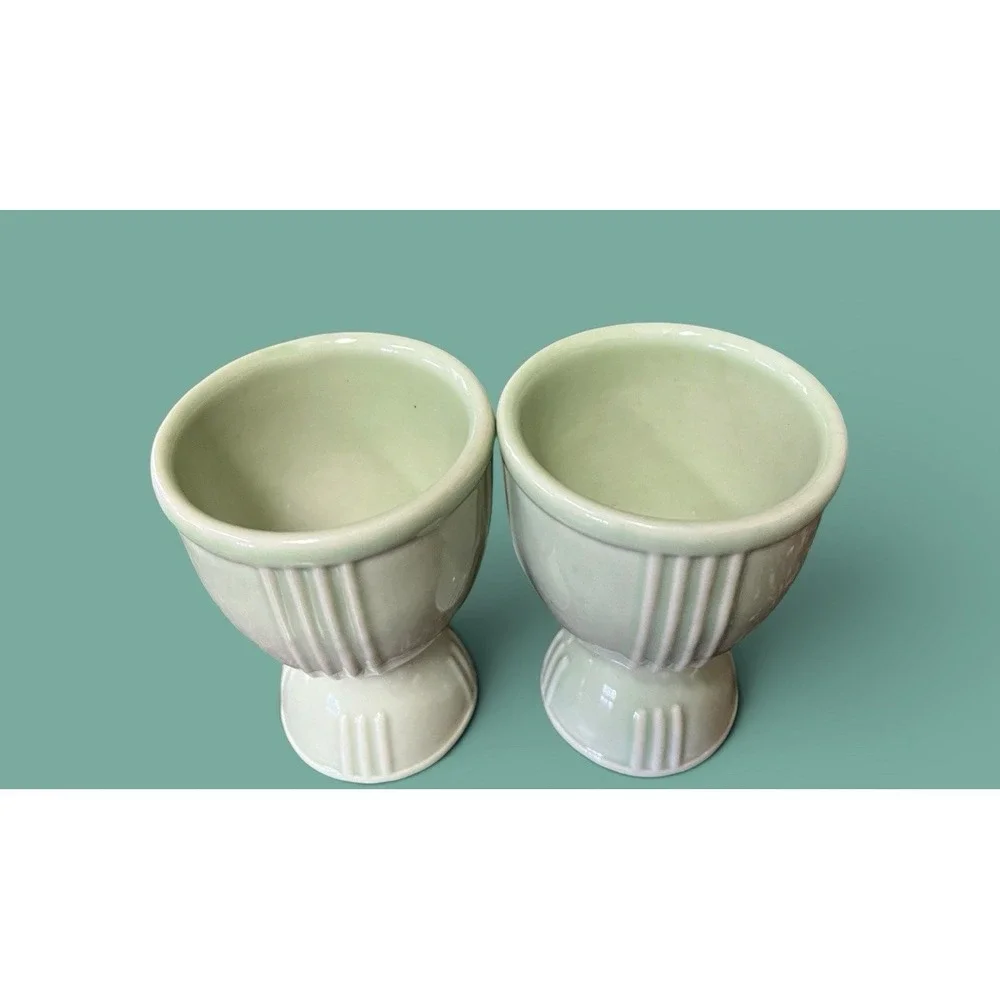 2 Hamkscraft Vintage Porcelain Ceramic Double Egg Cups Ribbed Pastel Green Mint
